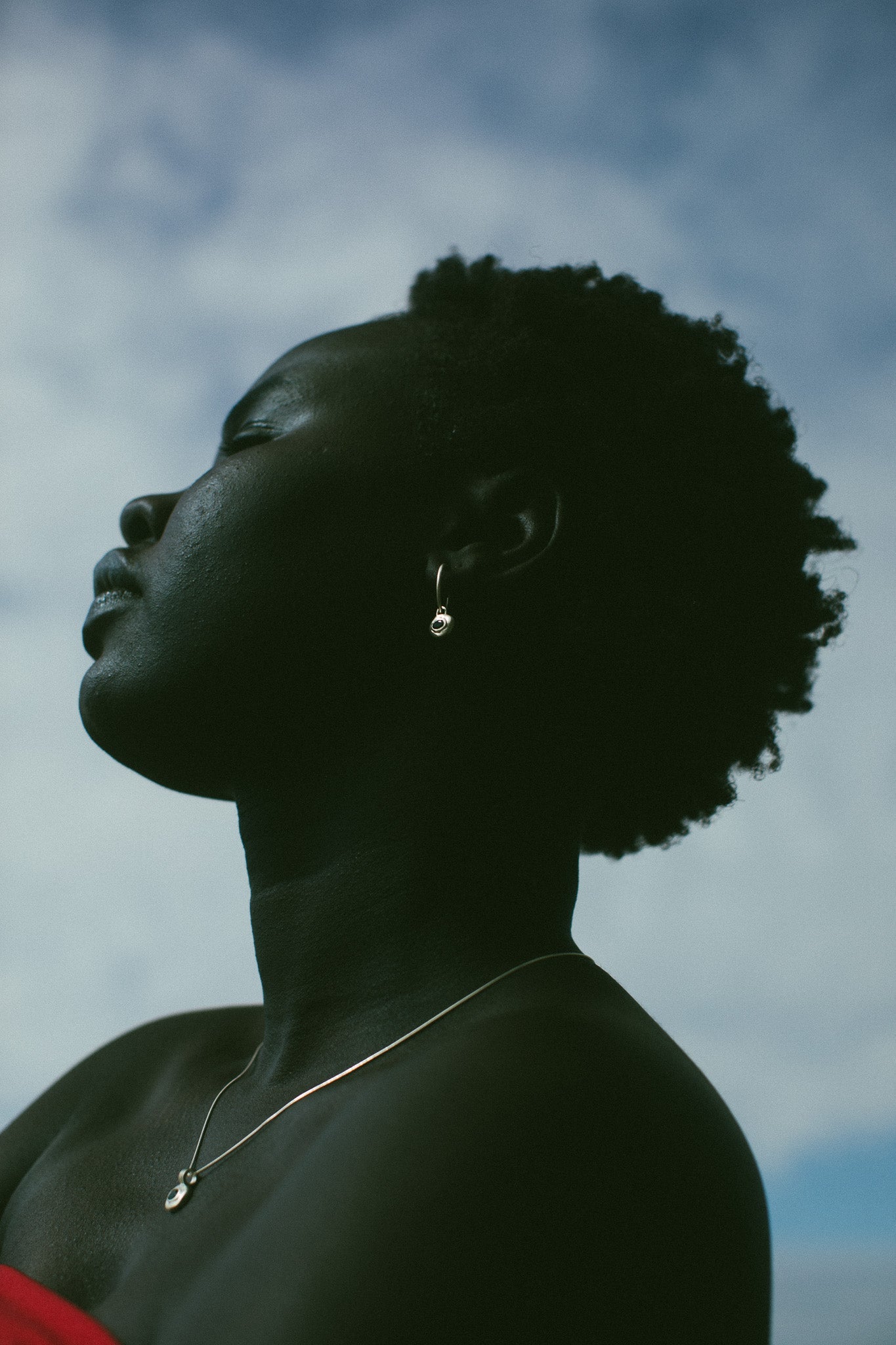 A close-up side profile of a person outdoors against a cloudy blue sky, wearing a delicate silver hoop earring and a thin silver necklace.