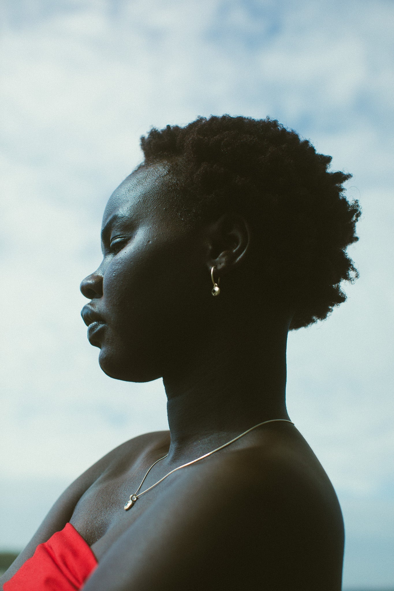 A side-profile portrait of a woman with short curly hair, wearing a red strapless top, a delicate silver necklace, and a small silver hoop earring against a cloudy sky background.
