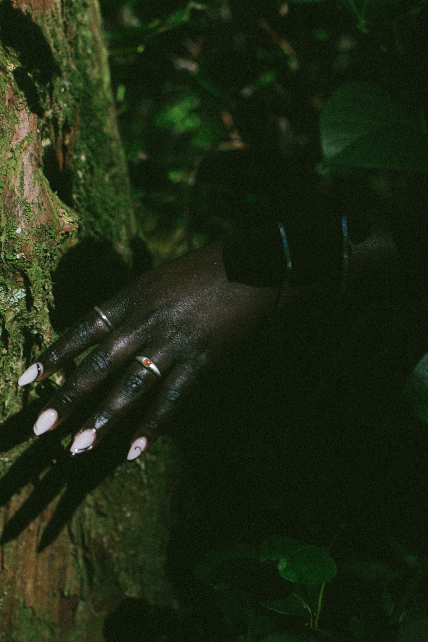 A close-up of a person's hand with long pale pink nails and several rings, resting against a mossy tree trunk in a dark outdoor setting with foliage.