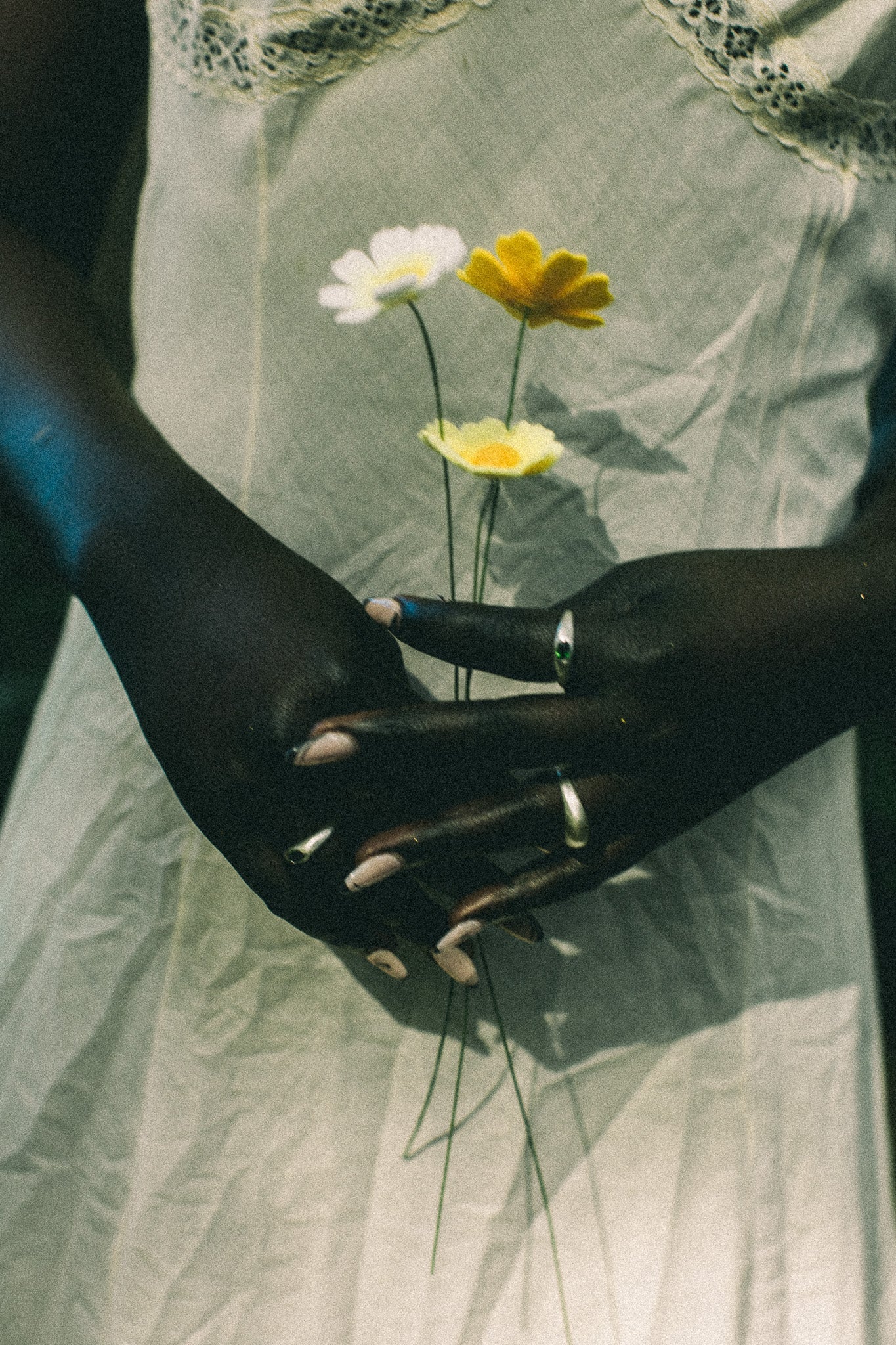 A close-up of a person in a white lace-trimmed dress holding three small wildflowers between two crossed dark hands with rings and painted fingernails.