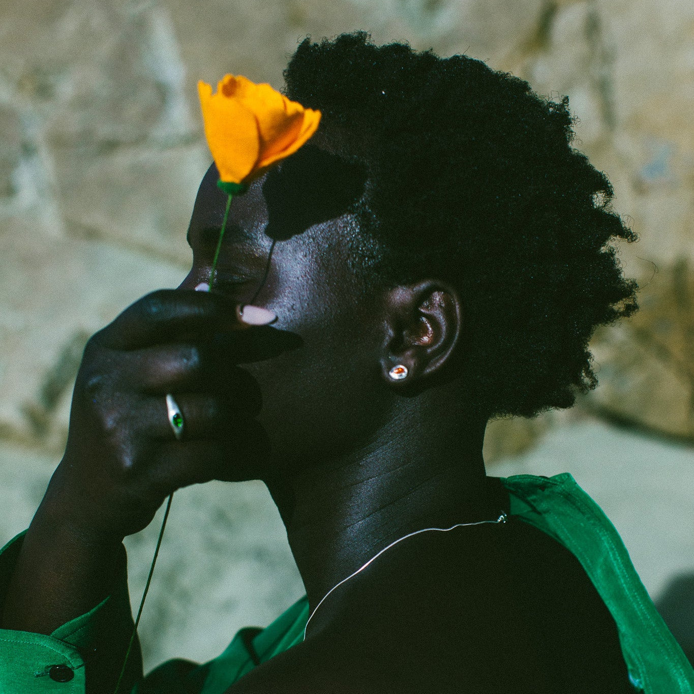 A person in profile wearing a bright green shirt, holding a single orange flower near their face against a textured stone wall background. wearing the siren stud earrings featuring an oval sunstone. 