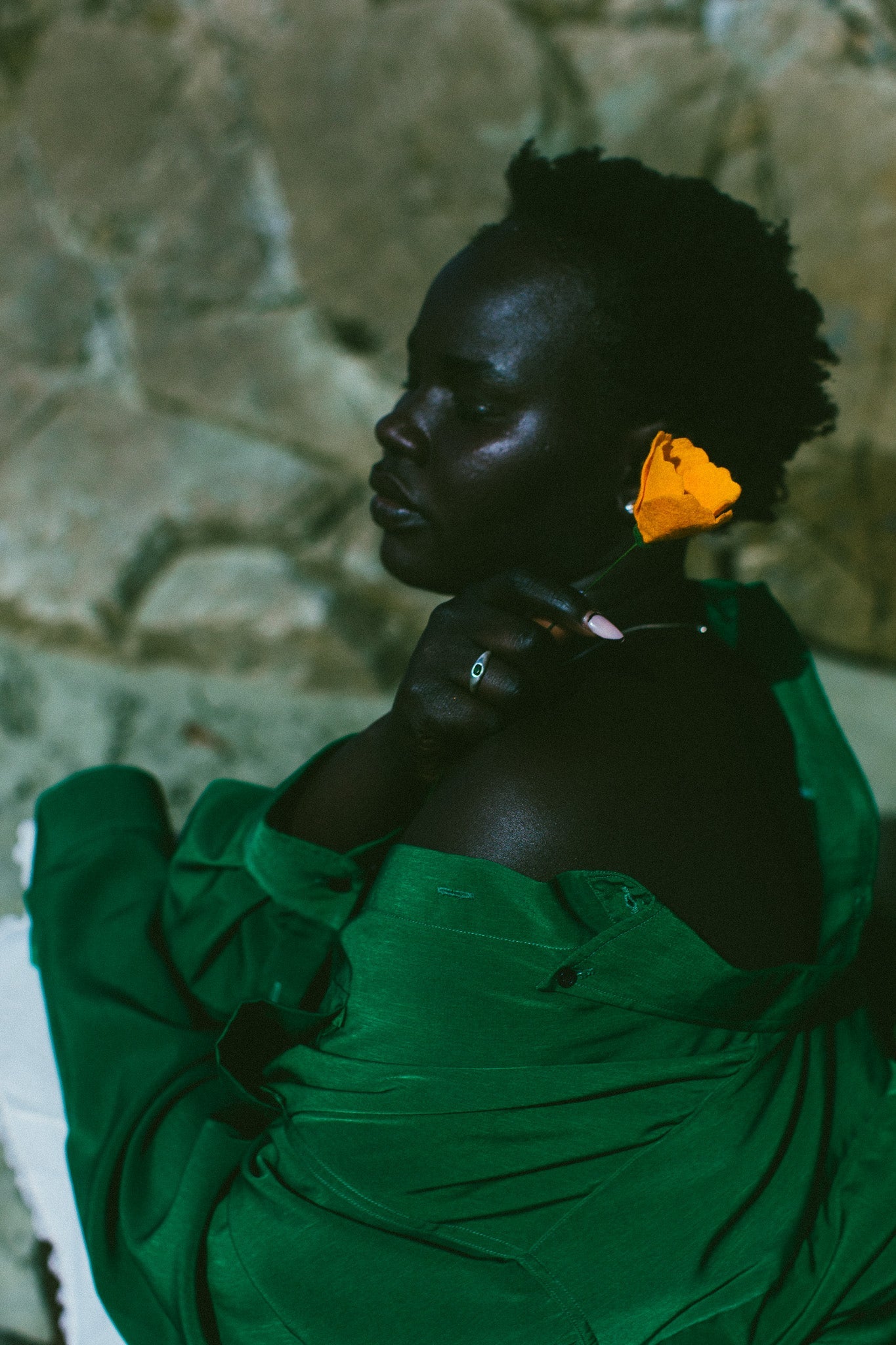 A woman in profile wearing a dark green draped garment, with a bright yellow flower tucked behind her ear, set against a textured stone wall.