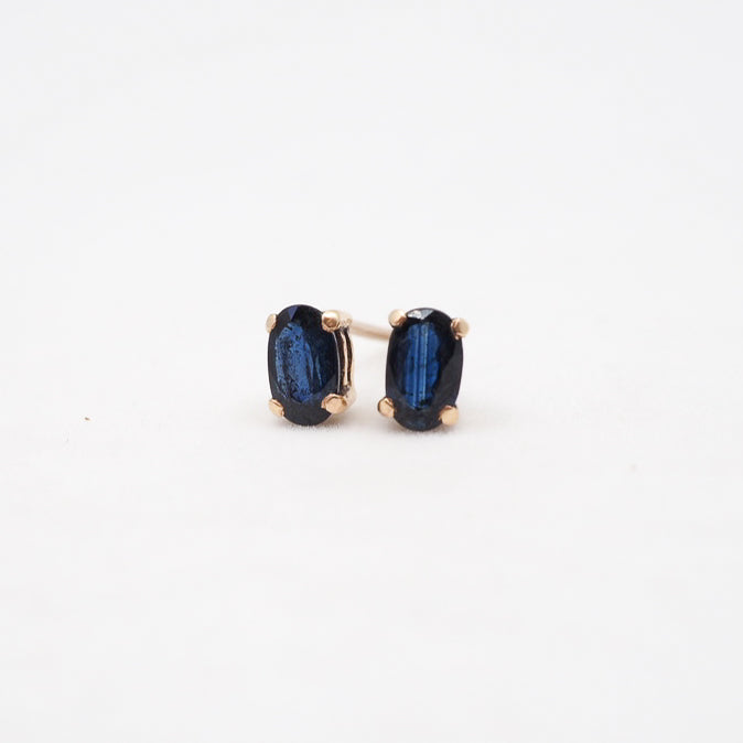 Pair of blue gemstone earrings on a white background