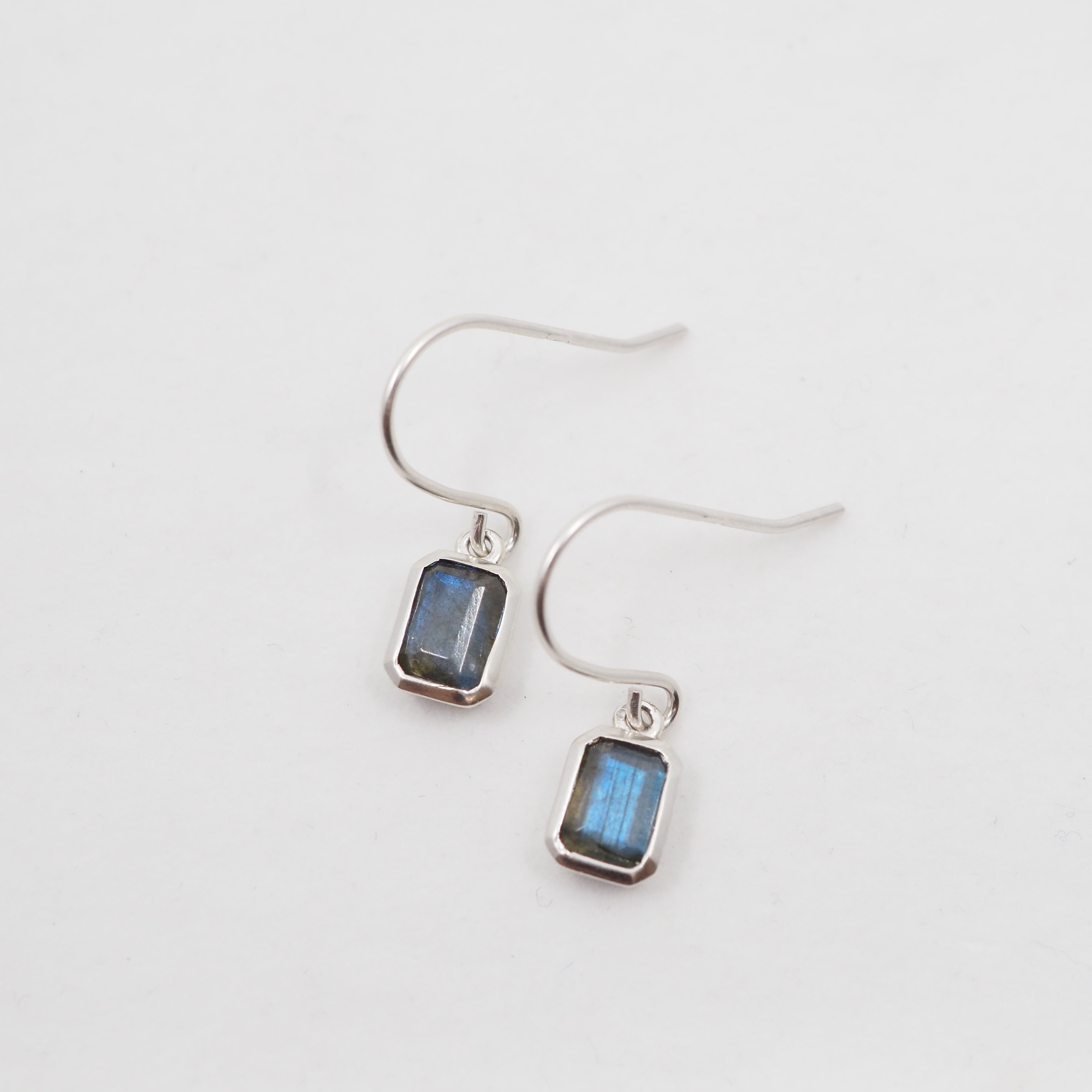 Silver earrings with blue gemstones on a light gray background