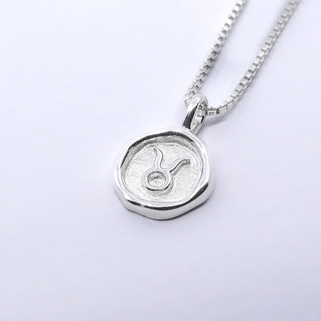 A silver necklace featuring a round pendant with a zodiac sign on it, attached to a delicate chain.