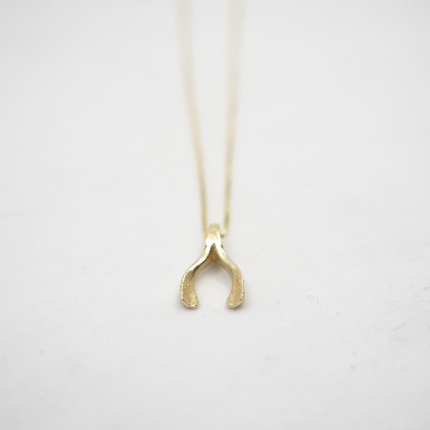 A delicate gold necklace with a small, textured wishbone pendant, photographed against a clean, light off-white background.