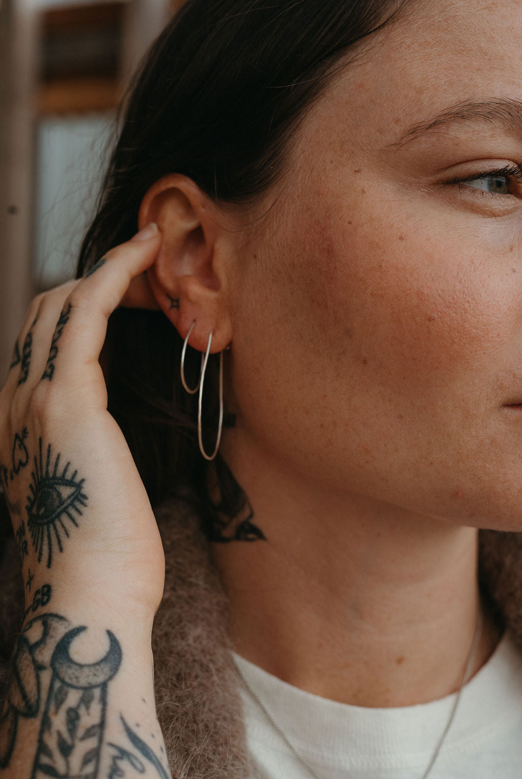 Teardrop Half Hammered Hoops - Sterling Silver