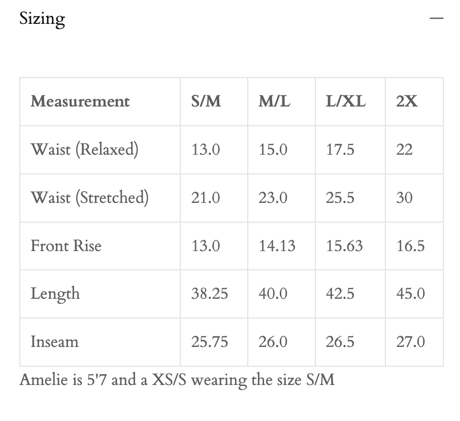 Sizing chart for pants with measurements in different sizes.
